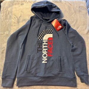 The North Face Womens Sweatshirt Large Blue Fleece Flag Logo Hoodie